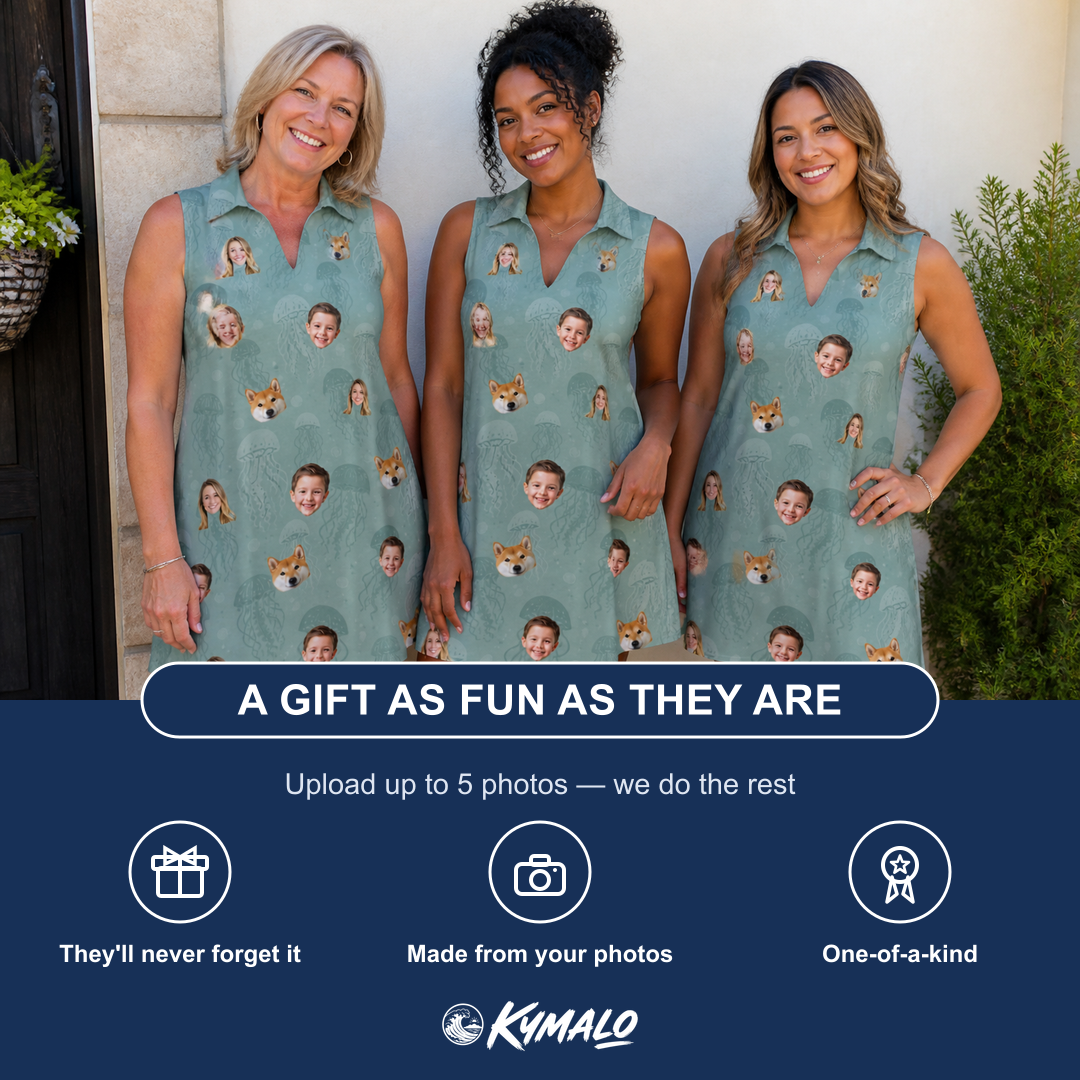 Friends in matching Women's Jelly Jaunt Custom Face V-Neck Dress — a group gift photo