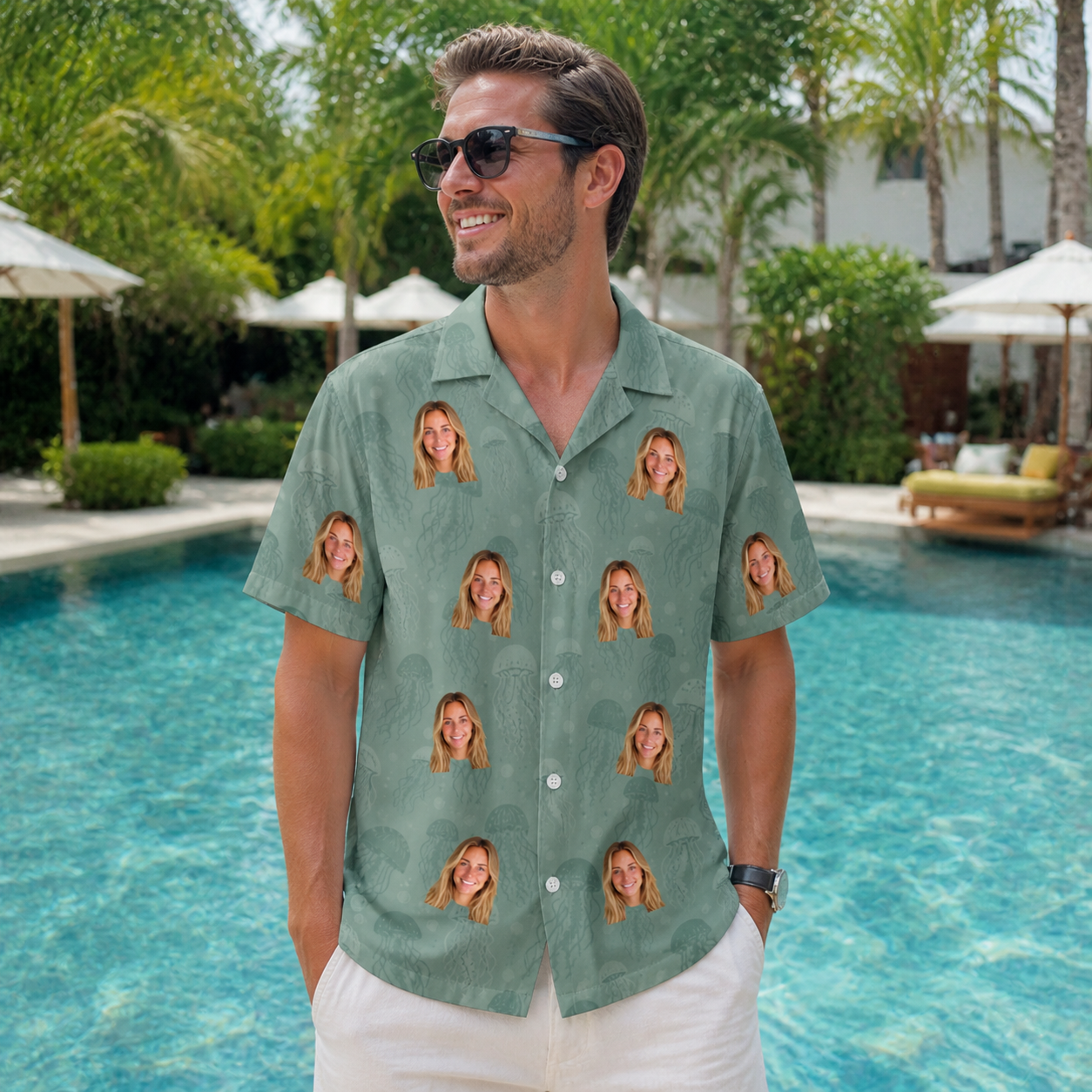 Real-life photo of someone wearing Men's Jelly Jaunt Custom Face Hawaiian Shirt — custom faces printed all-over
