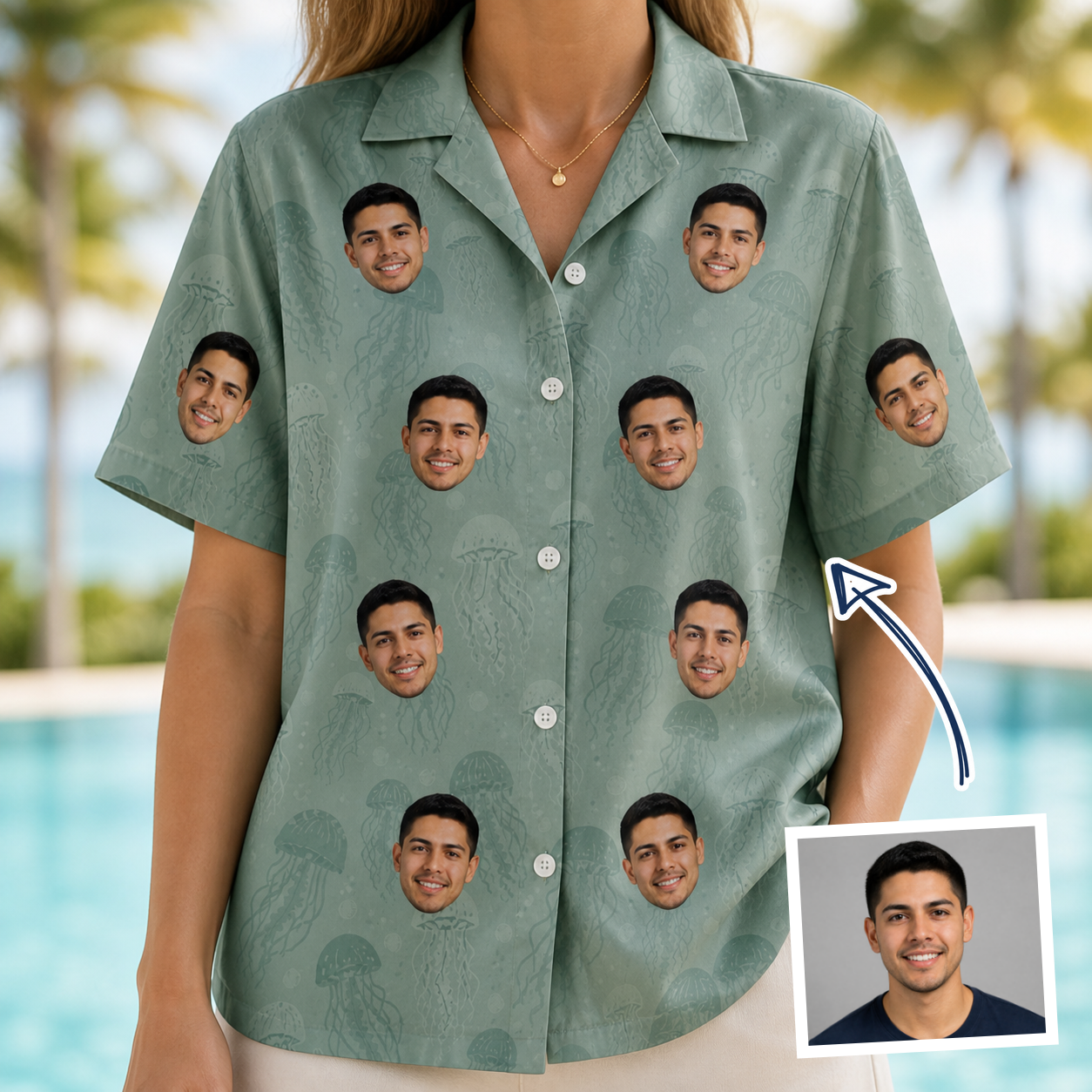 Woman wearing Women's Jelly Jaunt Custom Face Hawaiian Shirt — custom faces printed all-over