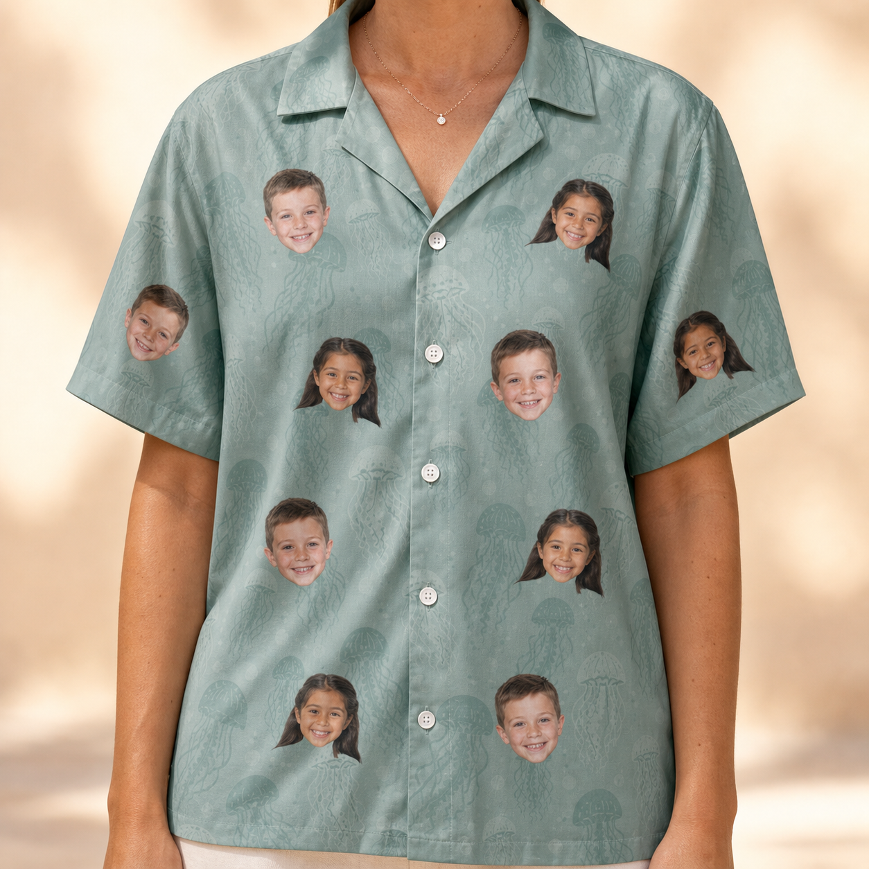 Model wearing Women's Jelly Jaunt Custom Face Hawaiian Shirt printed with kids' faces