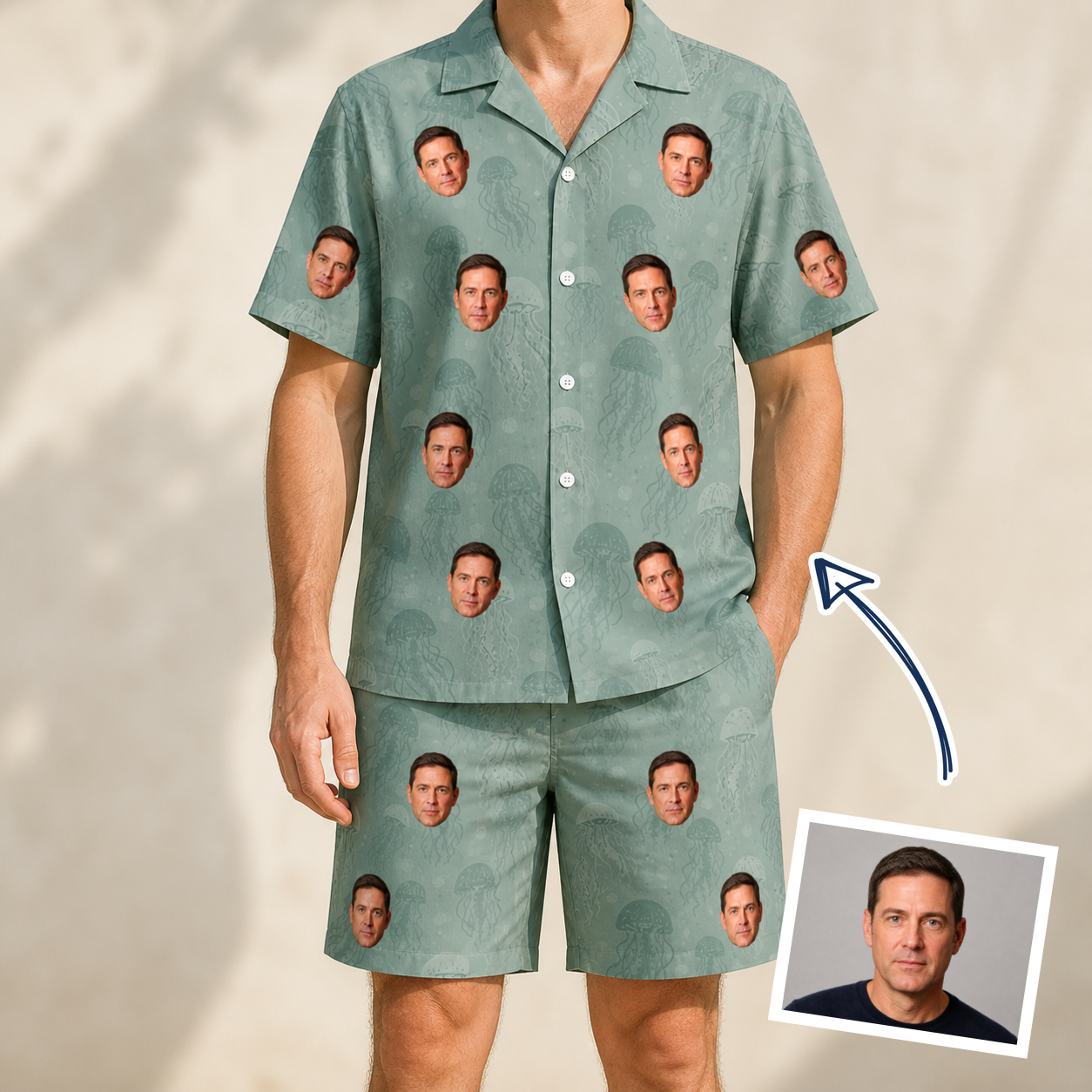 Man wearing Men's Jelly Jaunt Custom Face Shirt & Shorts Set — custom faces printed all-over