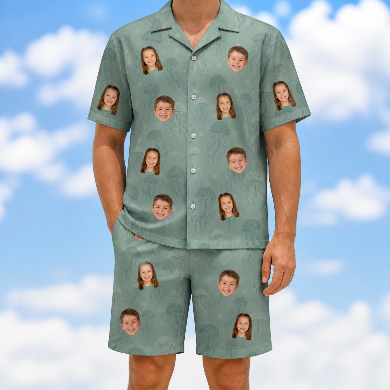 Model wearing Men's Jelly Jaunt Custom Face Shirt & Shorts Set printed with kids' faces
