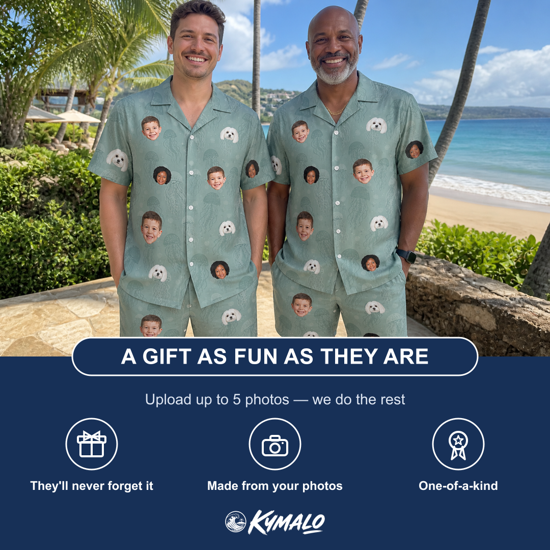 Friends in matching Men's Jelly Jaunt Custom Face Shirt & Shorts Set — a group gift photo