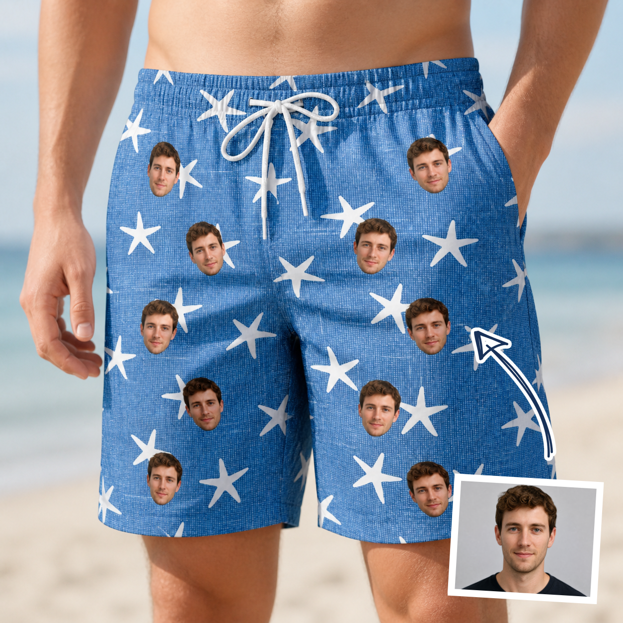 Man wearing Men's Starfish Swerve Custom Face Beach Shorts — custom faces printed all-over