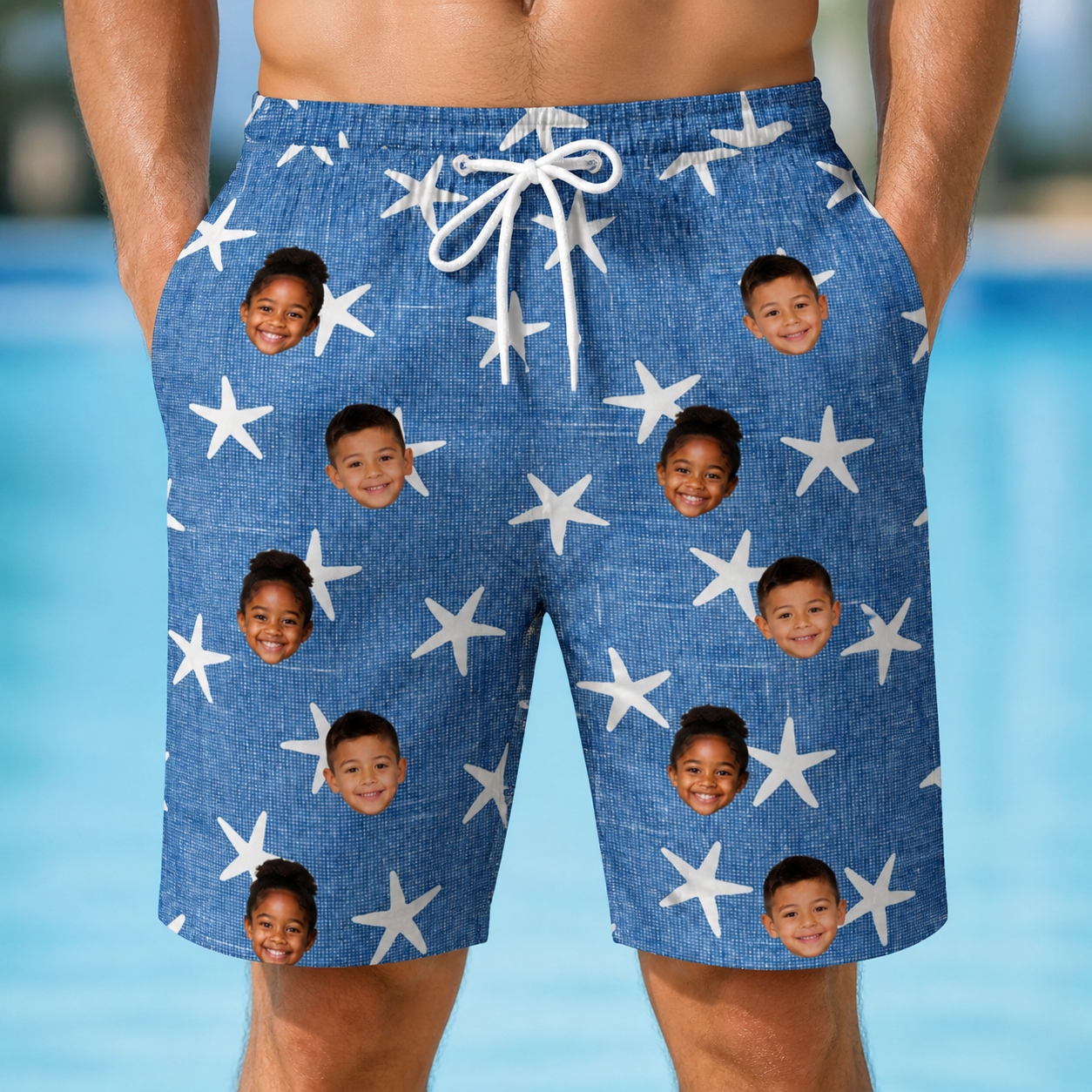 Model wearing Men's Starfish Swerve Custom Face Beach Shorts printed with kids' faces