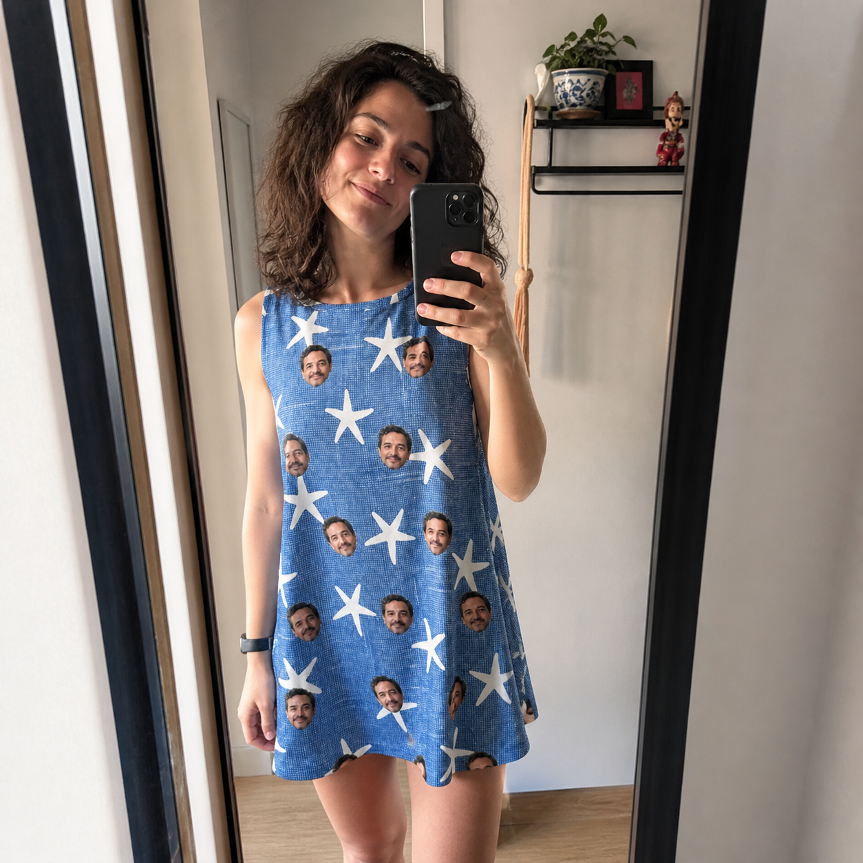 Real-life photo of someone wearing Women's Starfish Swerve Custom Face Tank Dress — custom faces printed all-over