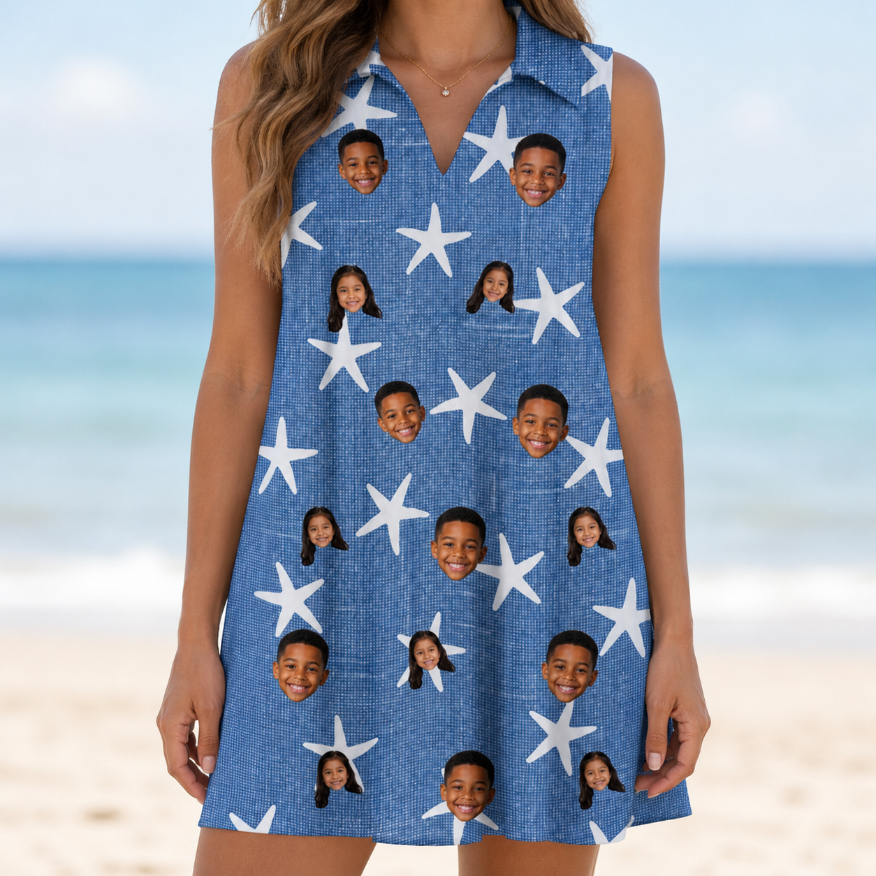 Model wearing Women's Starfish Swerve Custom Face V-Neck Dress printed with kids' faces