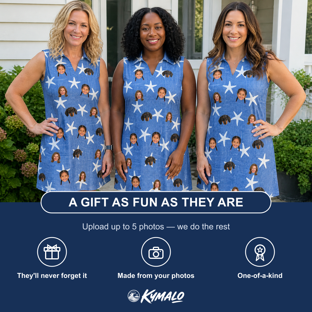 Friends in matching Women's Starfish Swerve Custom Face V-Neck Dress — a group gift photo