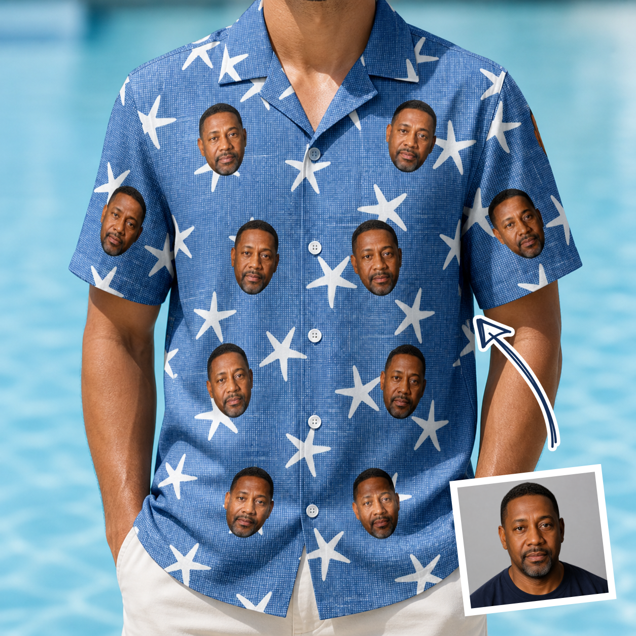 Man wearing Men's Starfish Swerve Custom Face Hawaiian Shirt — custom faces printed all-over