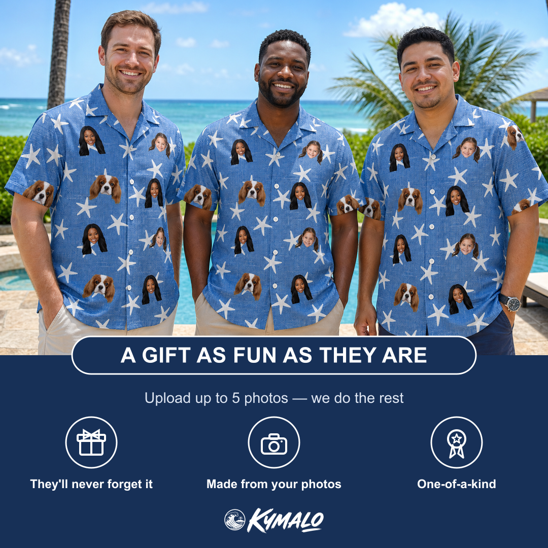 Friends in matching Men's Starfish Swerve Custom Face Hawaiian Shirt — a group gift photo