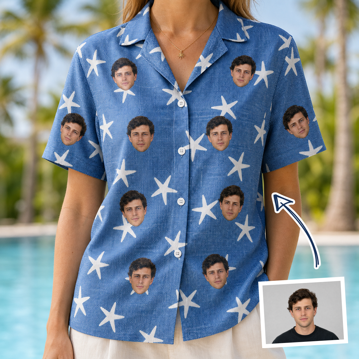 Woman wearing Women's Starfish Swerve Custom Face Hawaiian Shirt — custom faces printed all-over