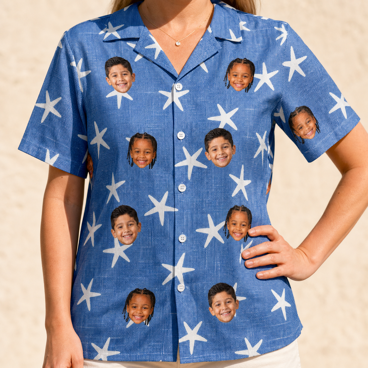 Model wearing Women's Starfish Swerve Custom Face Hawaiian Shirt printed with kids' faces