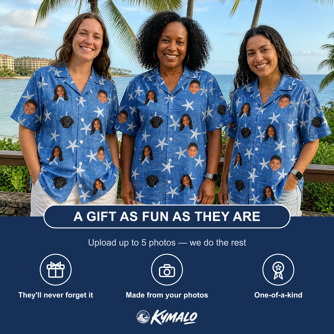 Friends in matching Women's Starfish Swerve Custom Face Hawaiian Shirt — a group gift photo