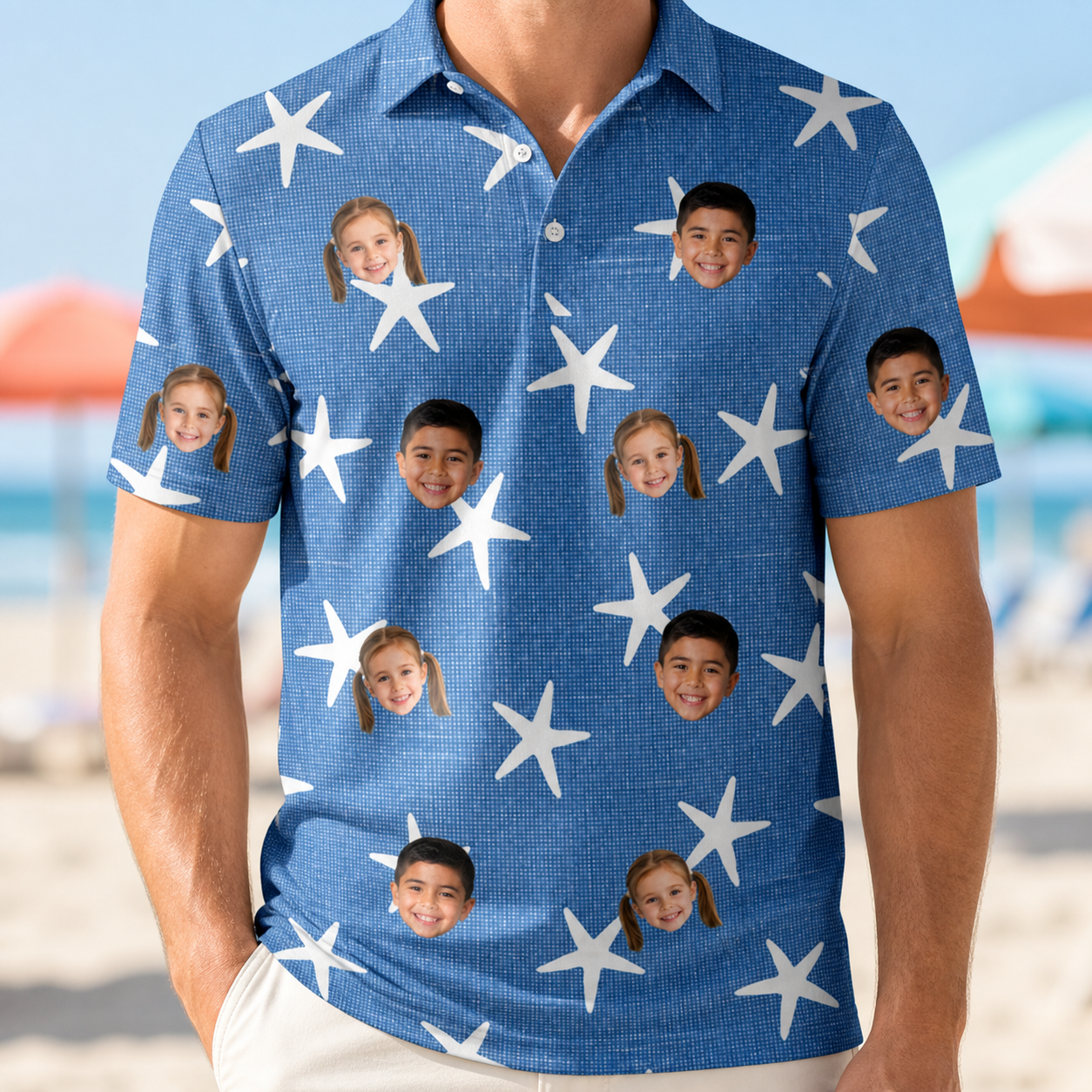 Model wearing Men's Starfish Swerve Custom Face Polo Shirt printed with kids' faces