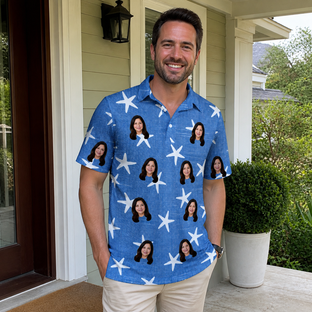 Real-life photo of someone wearing Men's Starfish Swerve Custom Face Polo Shirt — custom faces printed all-over