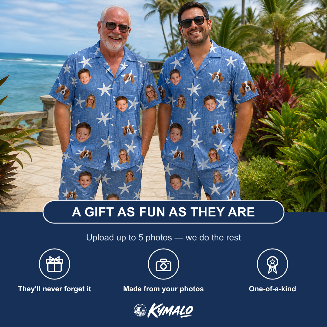 Friends in matching Men's Starfish Swerve Custom Face Shirt & Shorts Set — a group gift photo