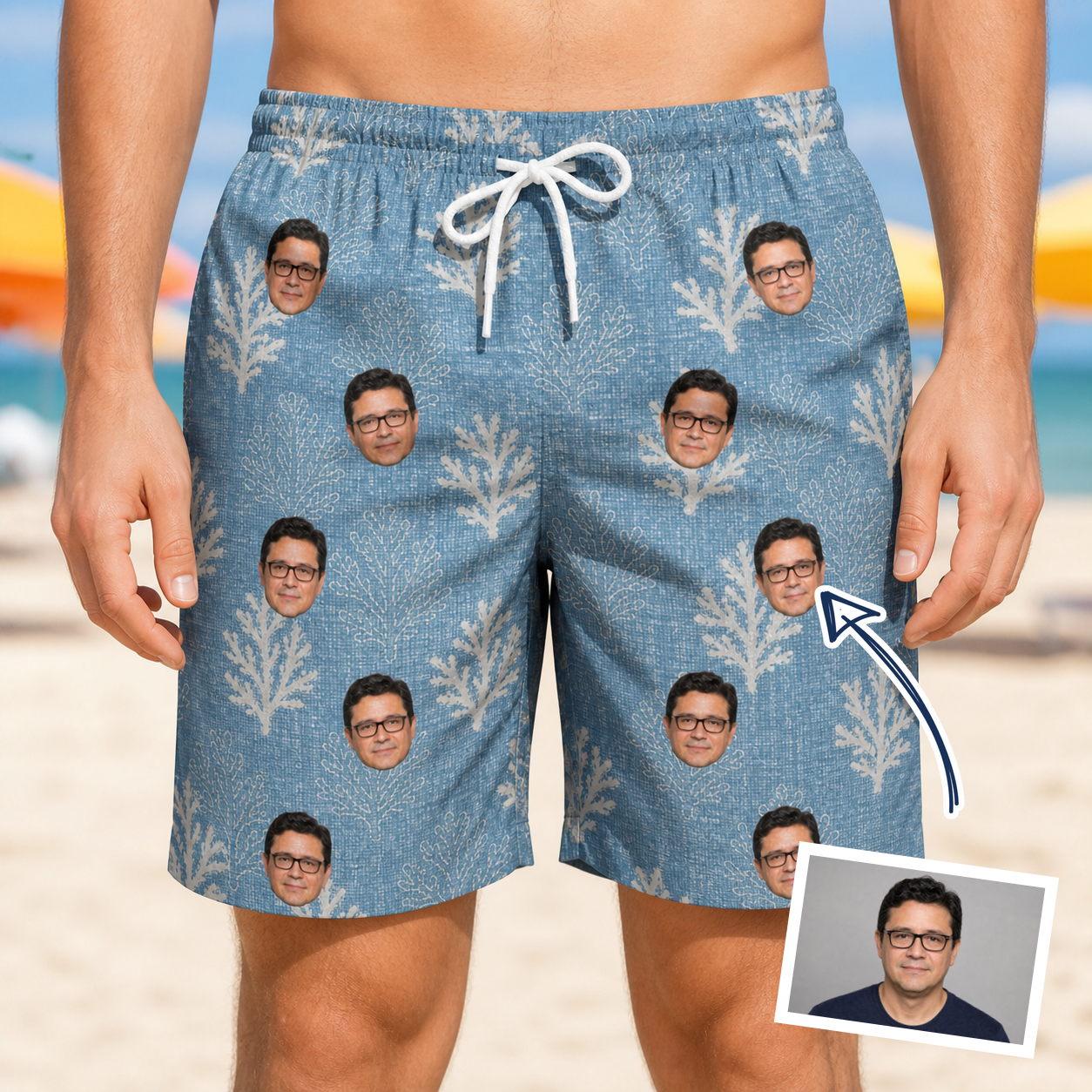 Man wearing Men's Polyp Parade Custom Face Beach Shorts — custom faces printed all-over