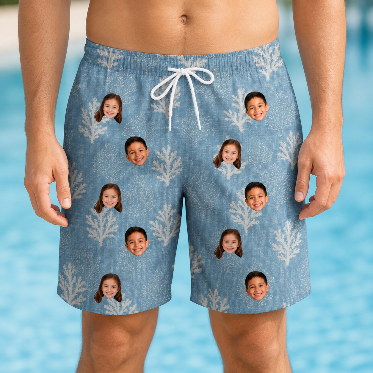 Model wearing Men's Polyp Parade Custom Face Beach Shorts printed with kids' faces
