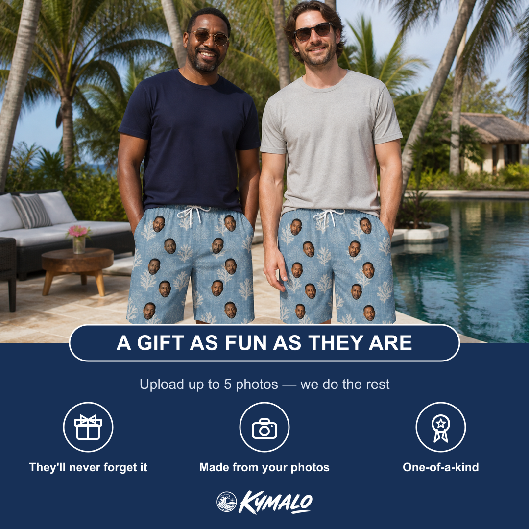 Friends in matching Men's Polyp Parade Custom Face Beach Shorts — a group gift photo