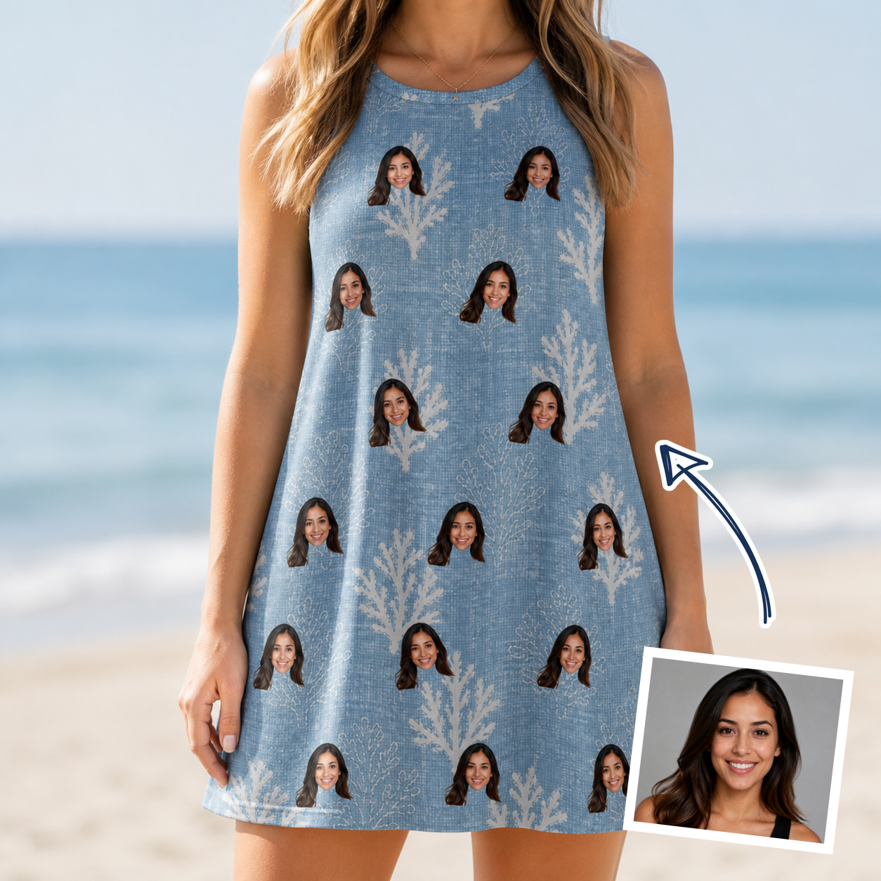 Woman wearing Women's Polyp Parade Custom Face Tank Dress — custom faces printed all-over