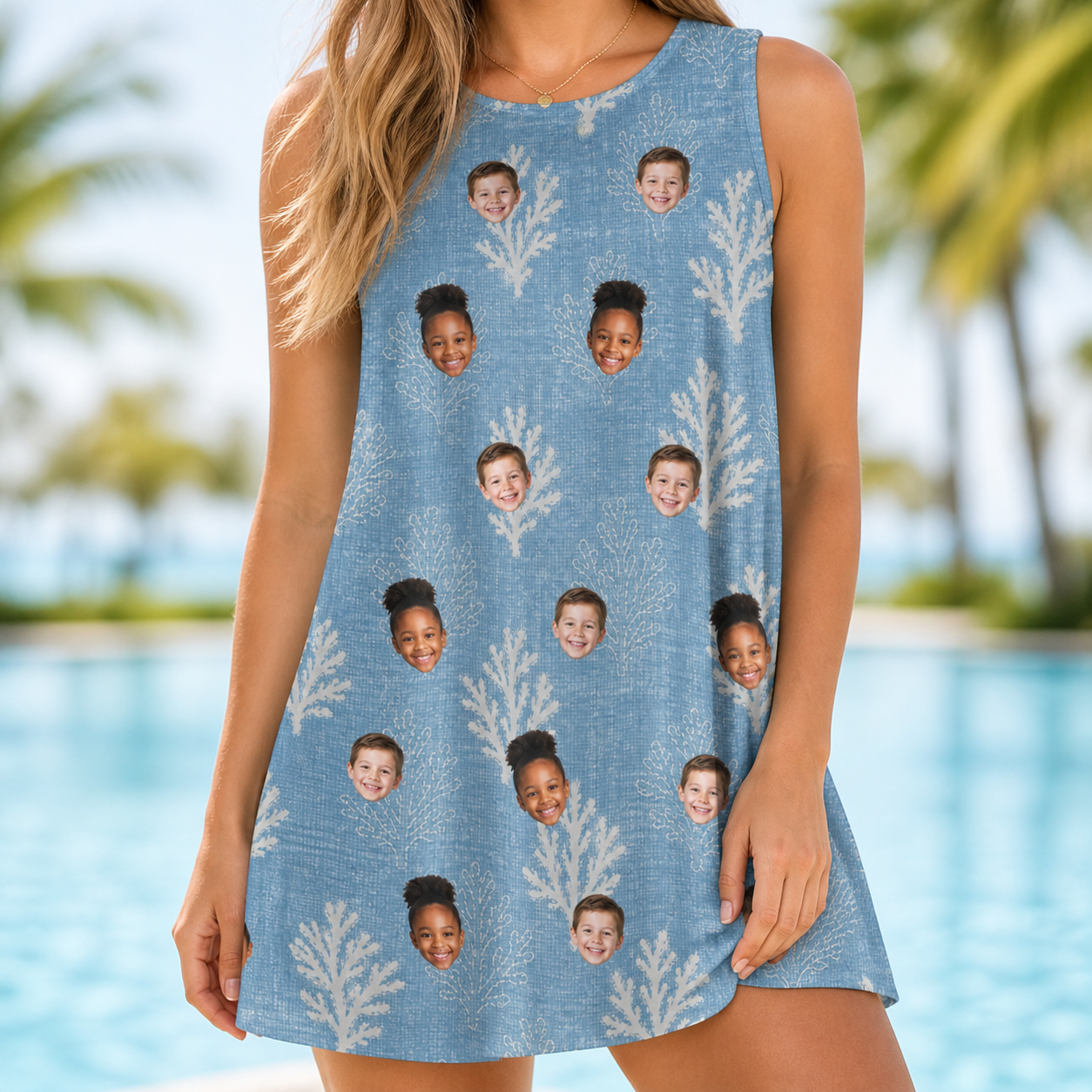 Model wearing Women's Polyp Parade Custom Face Tank Dress printed with kids' faces