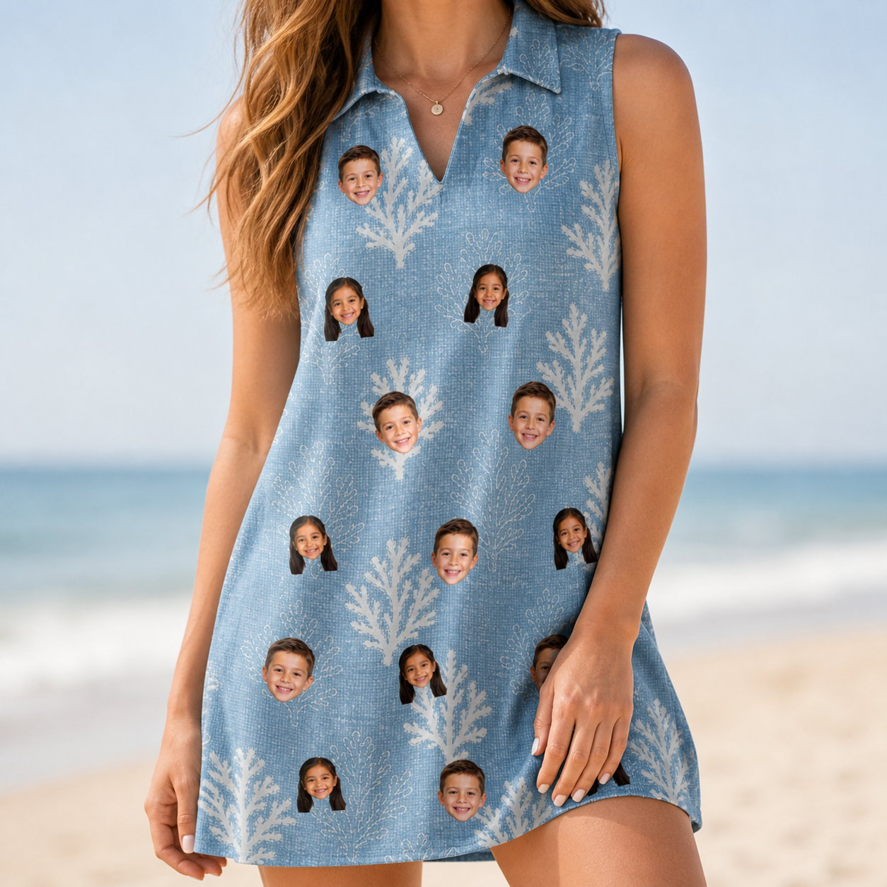 Model wearing Women's Polyp Parade Custom Face V-Neck Dress printed with kids' faces