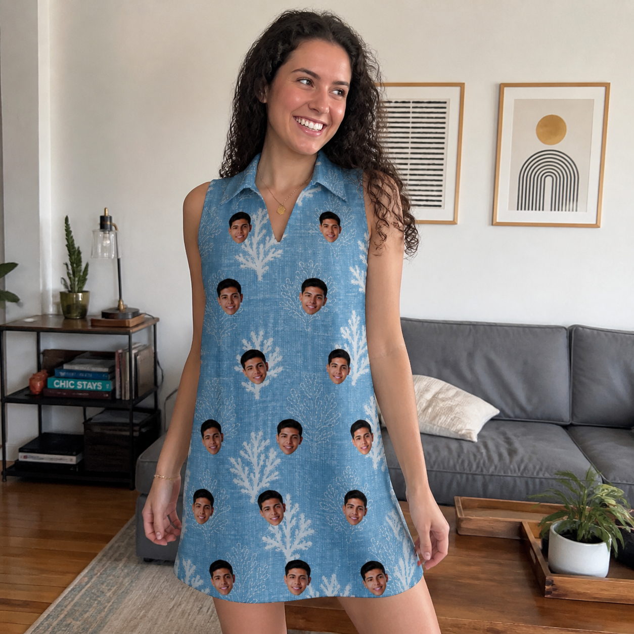 Real-life photo of someone wearing Women's Polyp Parade Custom Face V-Neck Dress — custom faces printed all-over