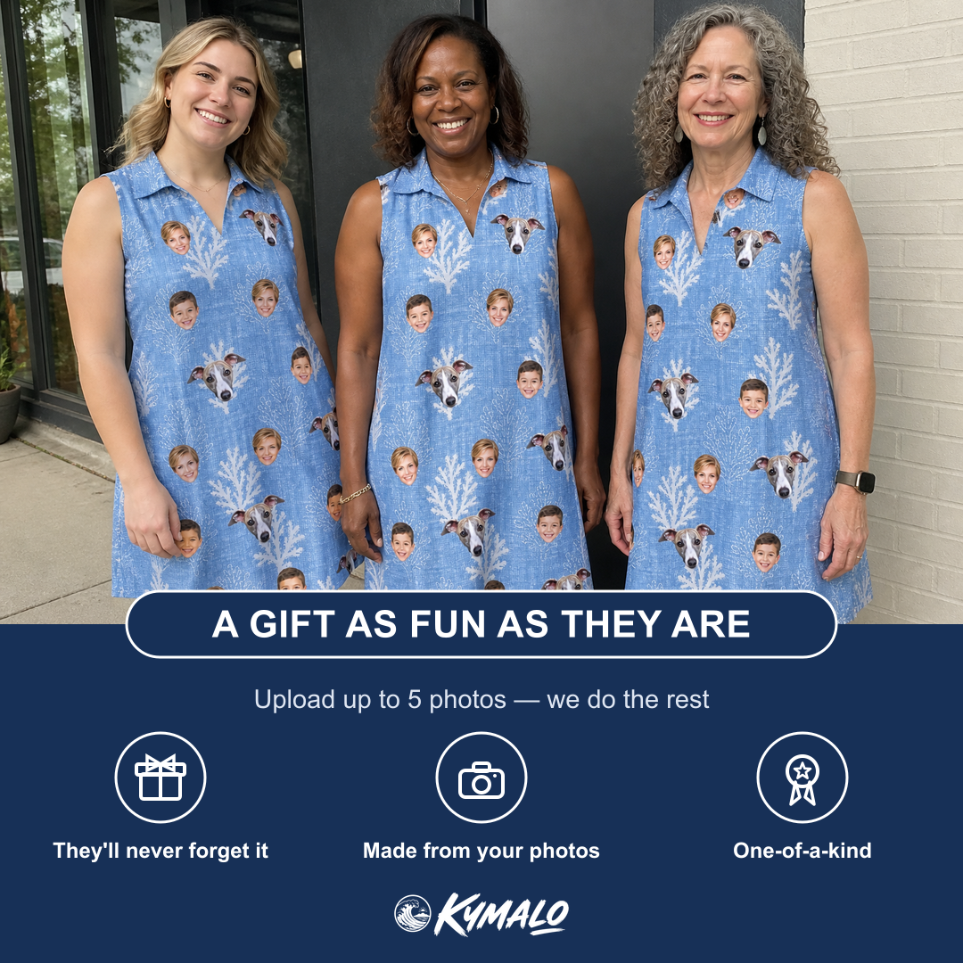 Friends in matching Women's Polyp Parade Custom Face V-Neck Dress — a group gift photo