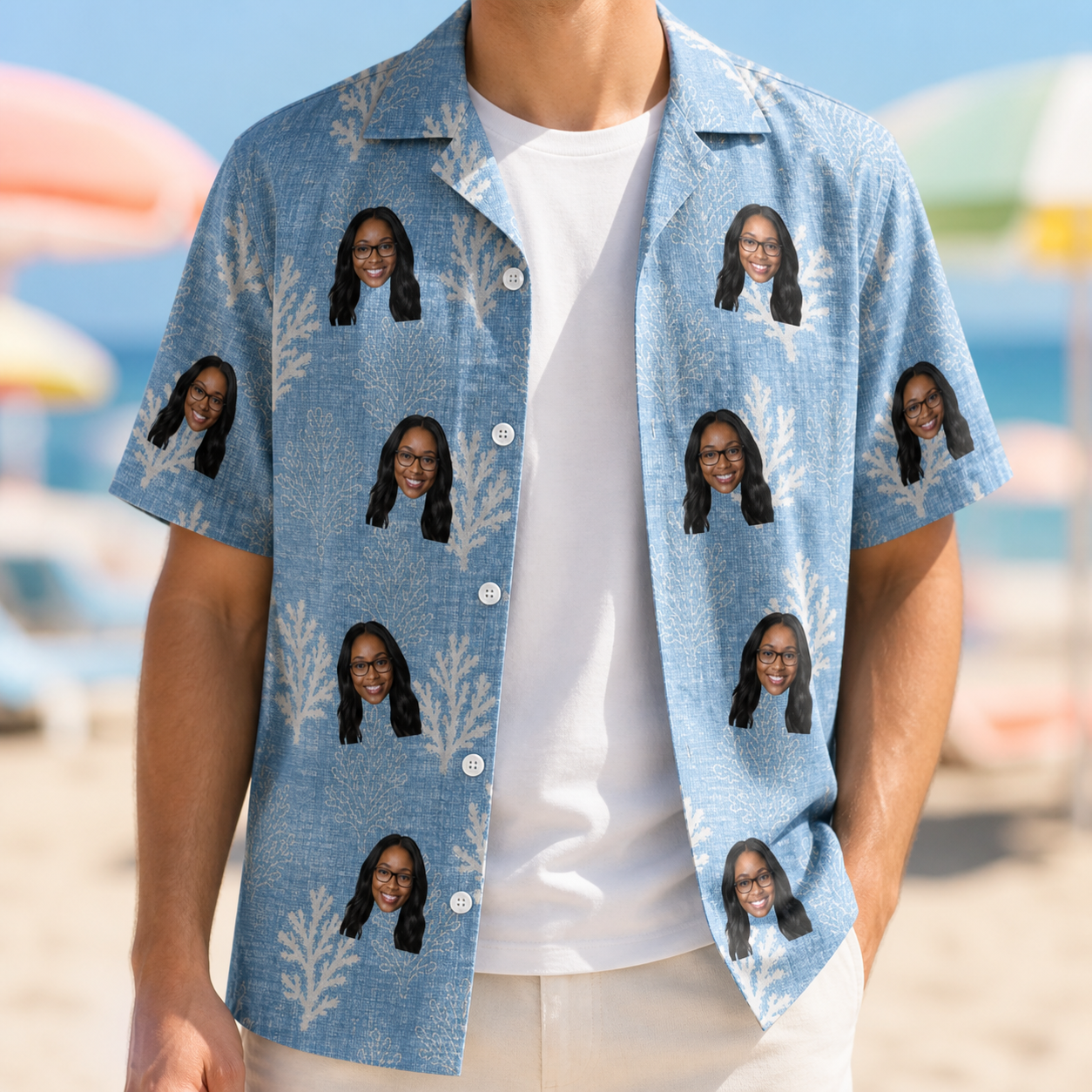 Man wearing Men's Polyp Parade Custom Face Hawaiian Shirt open over a white tee