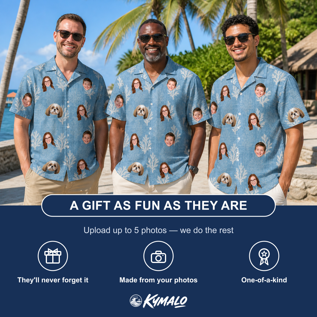 Friends in matching Men's Polyp Parade Custom Face Hawaiian Shirt — a group gift photo
