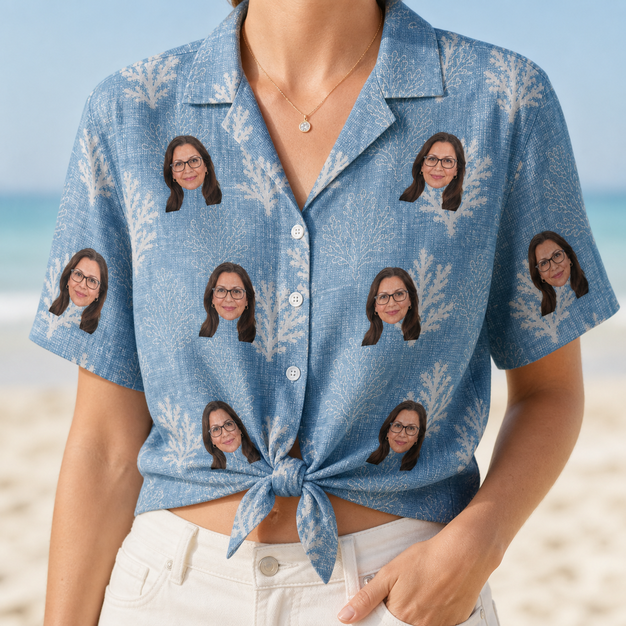 Woman wearing Women's Polyp Parade Custom Face Hawaiian Shirt tied at the waist