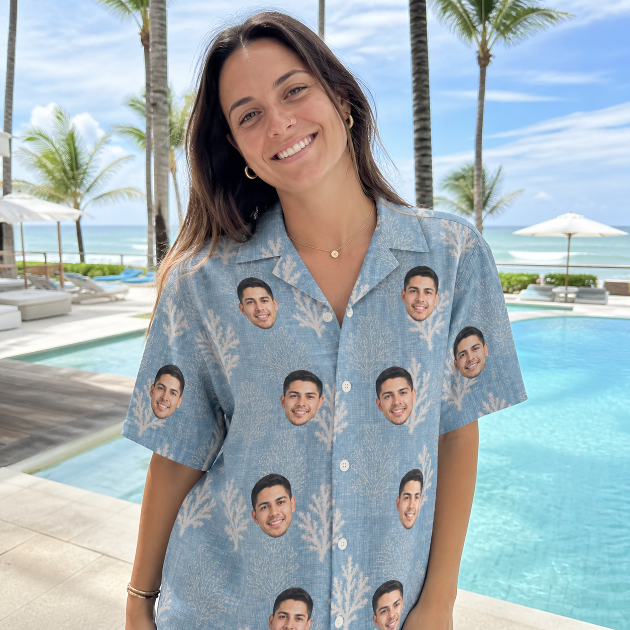 Real-life photo of someone wearing Women's Polyp Parade Custom Face Hawaiian Shirt — custom faces printed all-over