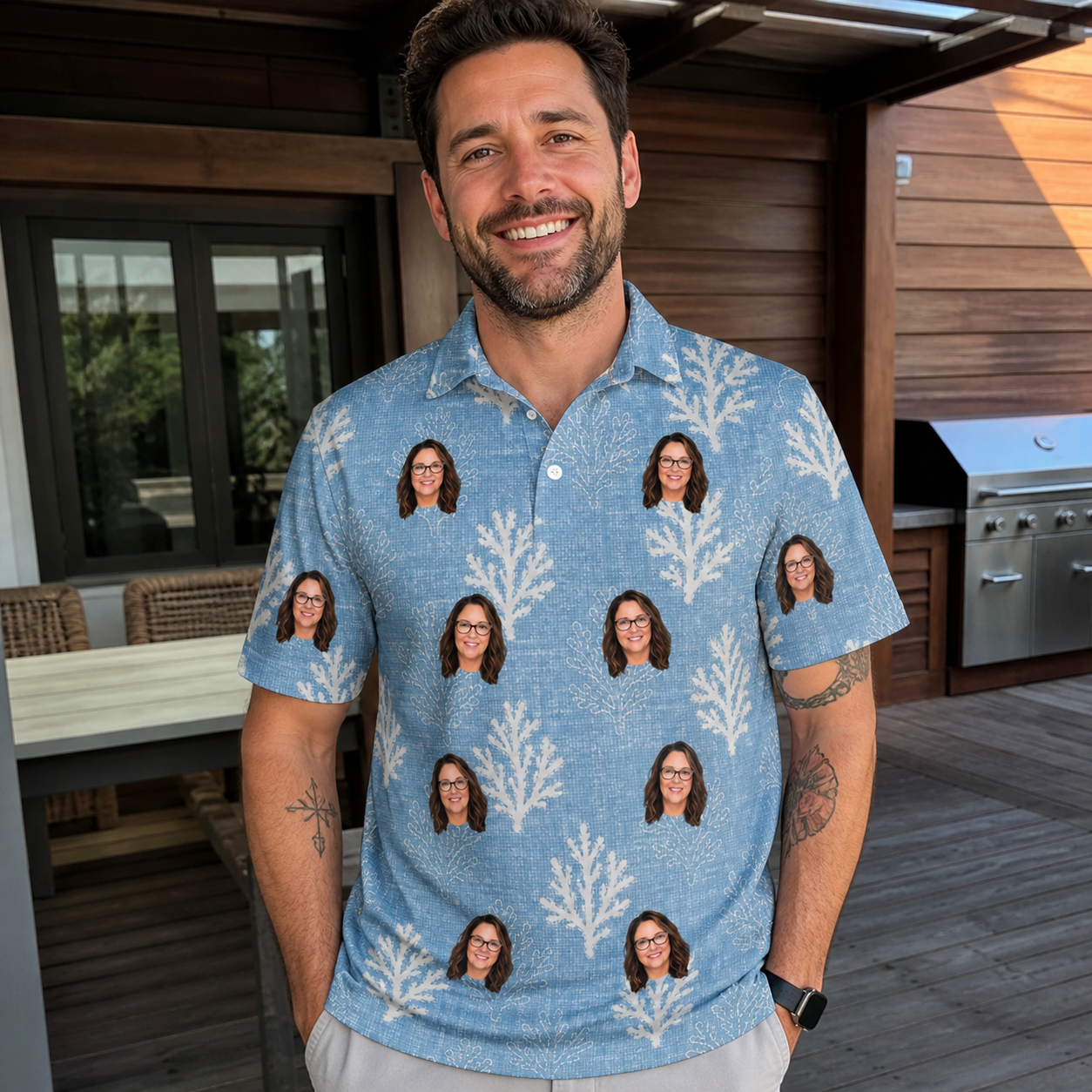 Real-life photo of someone wearing Men's Polyp Parade Custom Face Polo Shirt — custom faces printed all-over