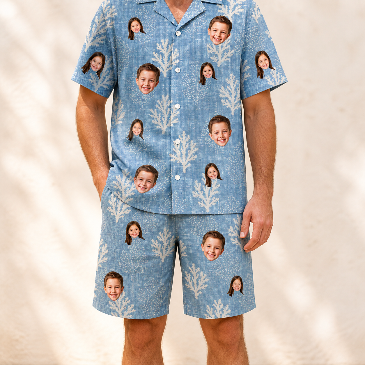 Model wearing Men's Polyp Parade Custom Face Shirt & Shorts Set printed with kids' faces