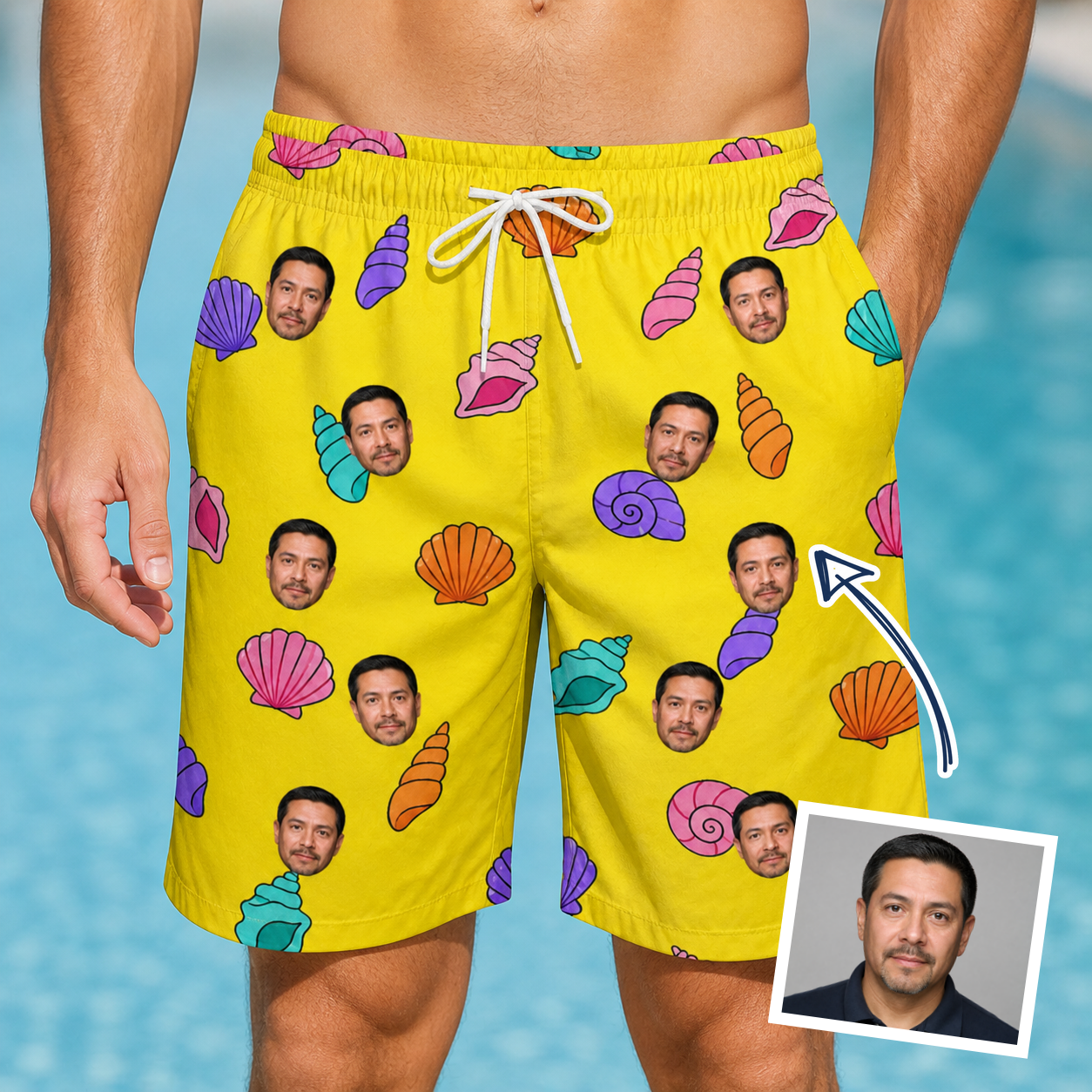 Man wearing Men's Nacre Nonsense Custom Face Beach Shorts — custom faces printed all-over
