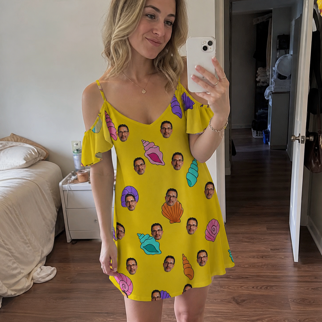 Real-life photo of someone wearing Women's Nacre Nonsense Custom Face Off-Shoulder Dress — custom faces printed all-over