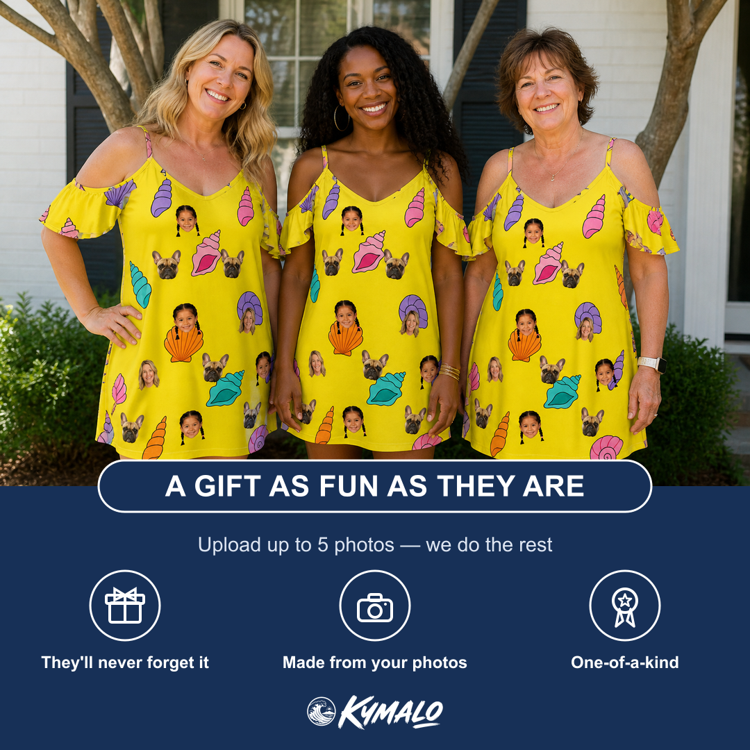 Friends in matching Women's Nacre Nonsense Custom Face Off-Shoulder Dress — a group gift photo