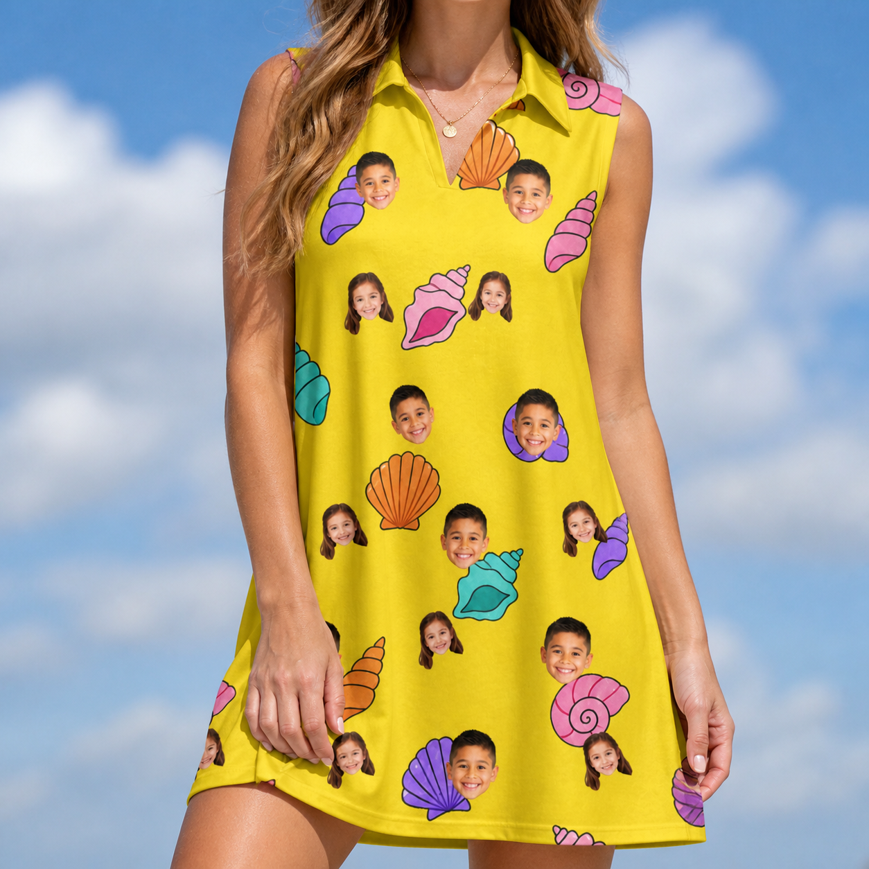 Model wearing Women's Nacre Nonsense Custom Face V-Neck Dress printed with kids' faces