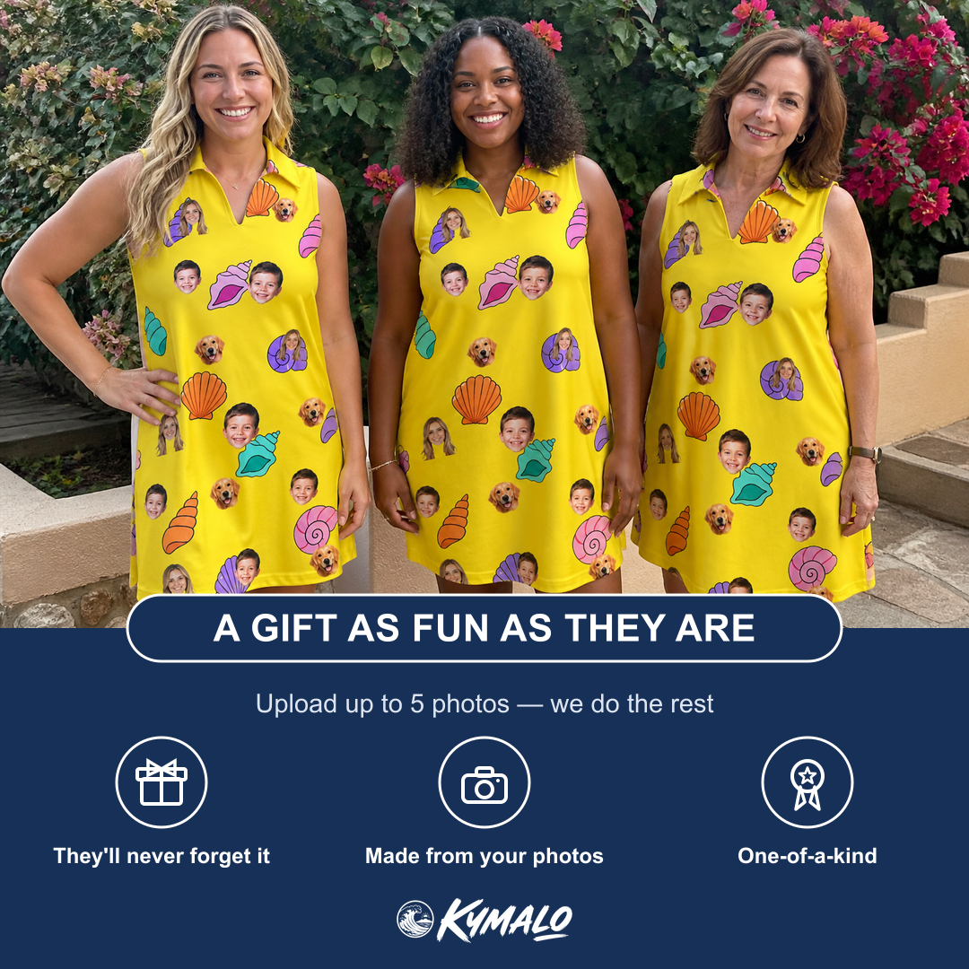 Friends in matching Women's Nacre Nonsense Custom Face V-Neck Dress — a group gift photo