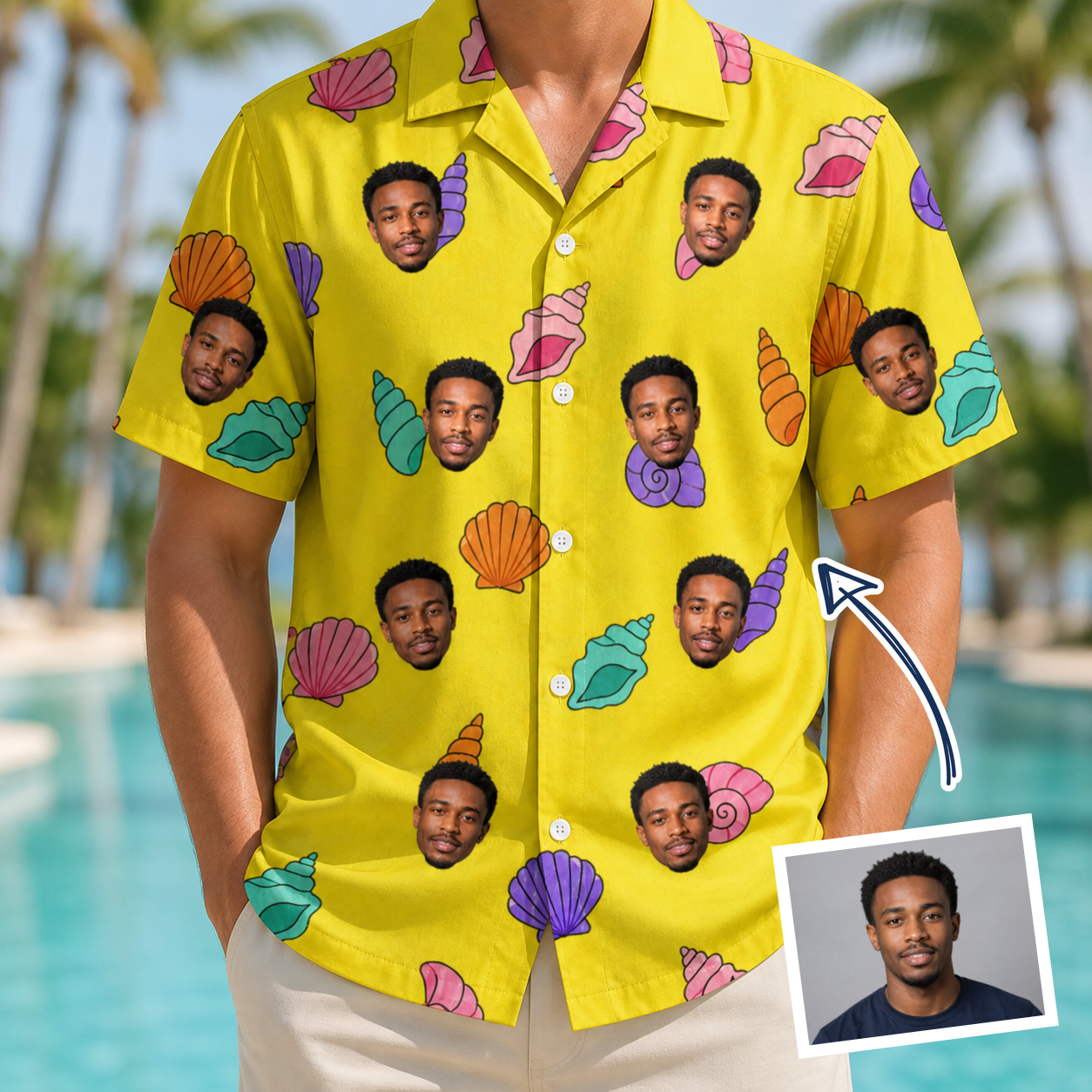 Man wearing Men's Nacre Nonsense Custom Face Hawaiian Shirt — custom faces printed all-over