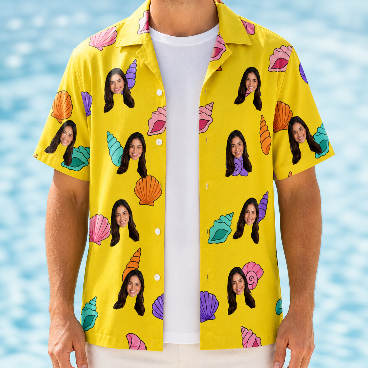 Man wearing Men's Nacre Nonsense Custom Face Hawaiian Shirt open over a white tee