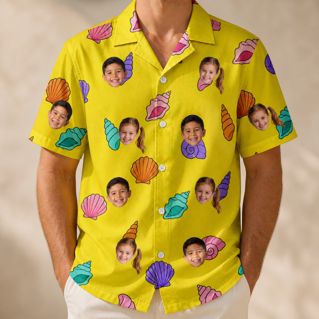 Model wearing Men's Nacre Nonsense Custom Face Hawaiian Shirt printed with kids' faces