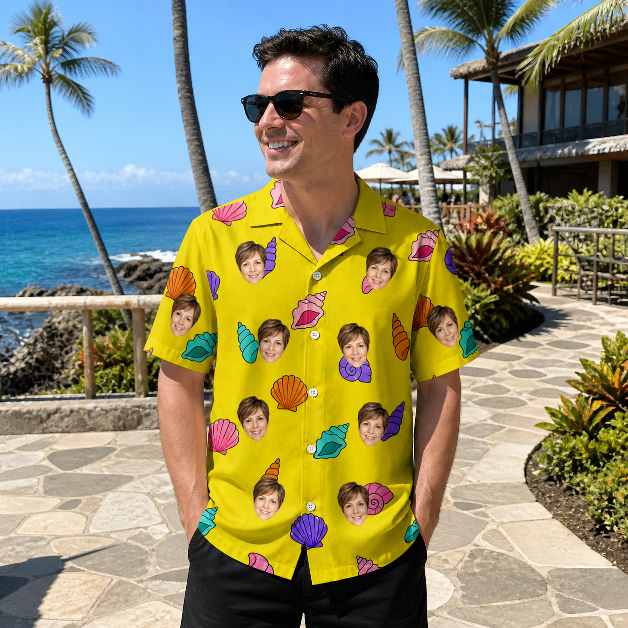 Real-life photo of someone wearing Men's Nacre Nonsense Custom Face Hawaiian Shirt — custom faces printed all-over