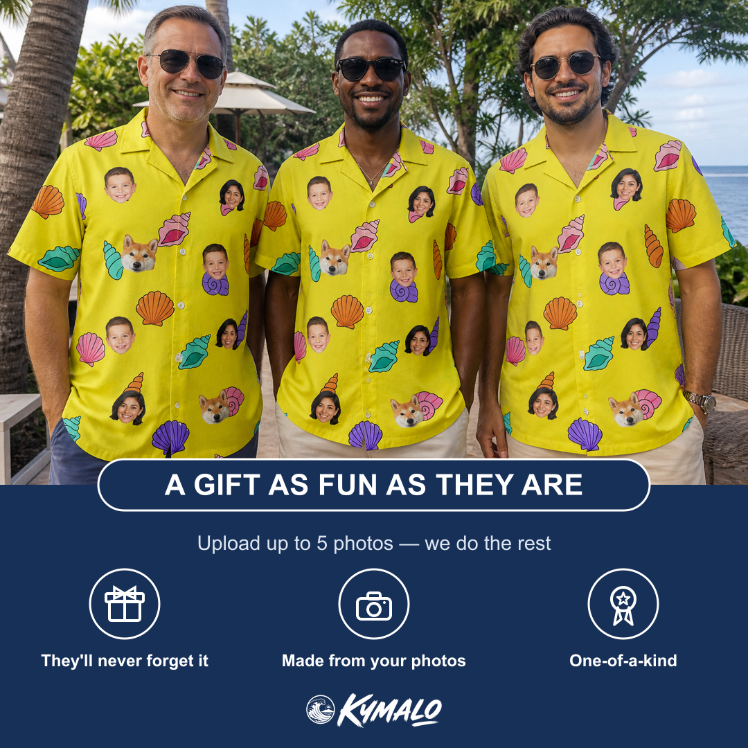 Friends in matching Men's Nacre Nonsense Custom Face Hawaiian Shirt — a group gift photo