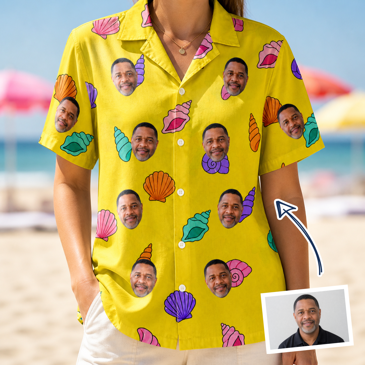 Woman wearing Women's Nacre Nonsense Custom Face Hawaiian Shirt — custom faces printed all-over