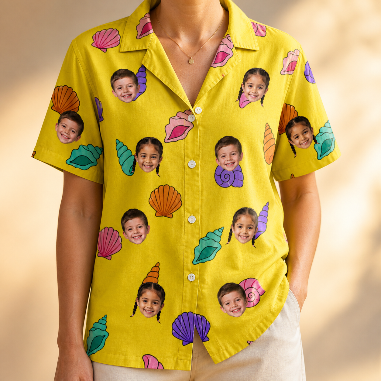 Model wearing Women's Nacre Nonsense Custom Face Hawaiian Shirt printed with kids' faces