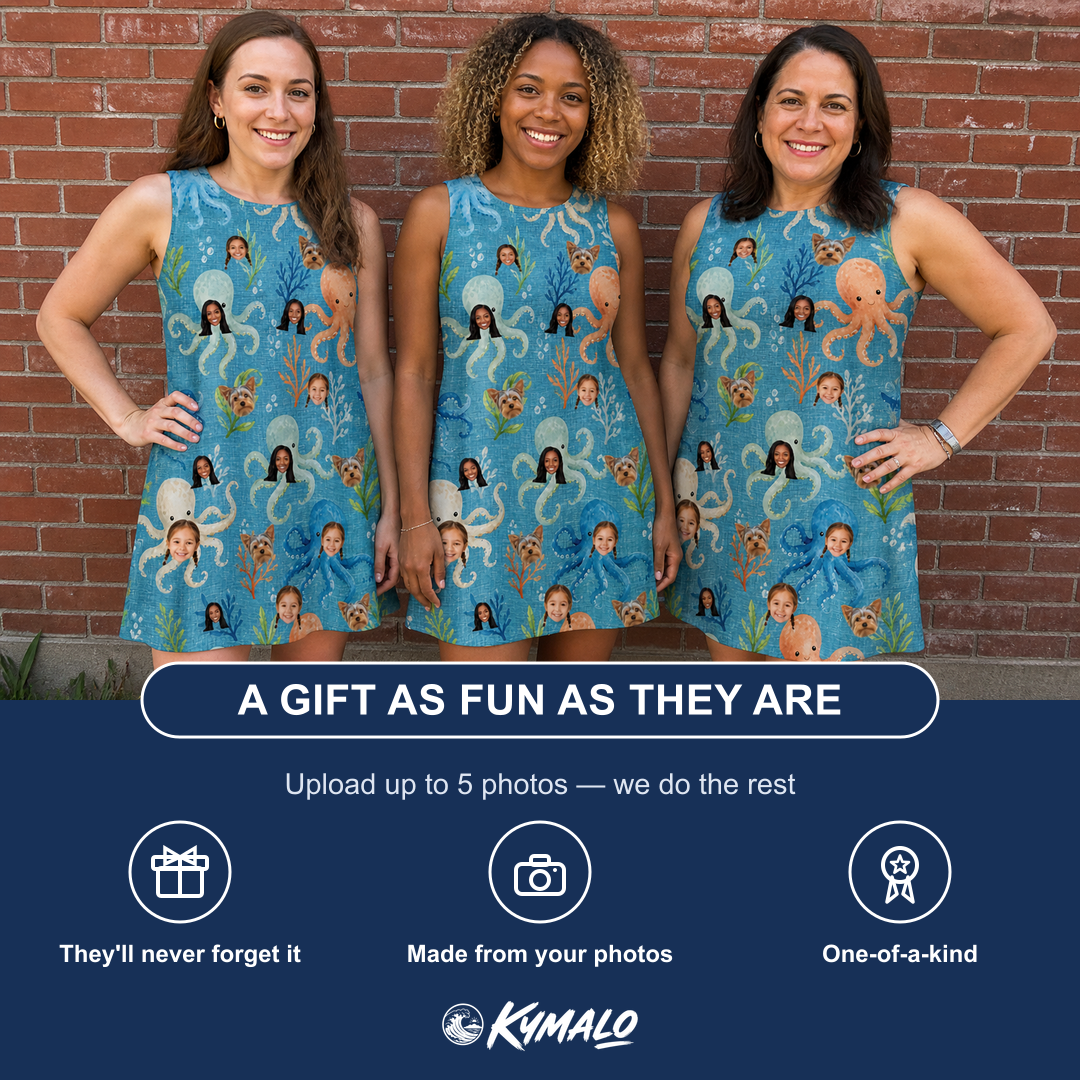 Friends in matching Women's Octopus Ocean Custom Face Tank Dress — a group gift photo