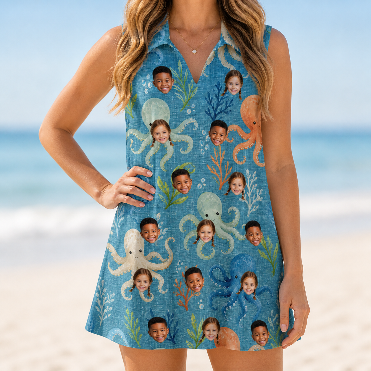 Model wearing Women's Octopus Ocean Custom Face V-Neck Dress printed with kids' faces