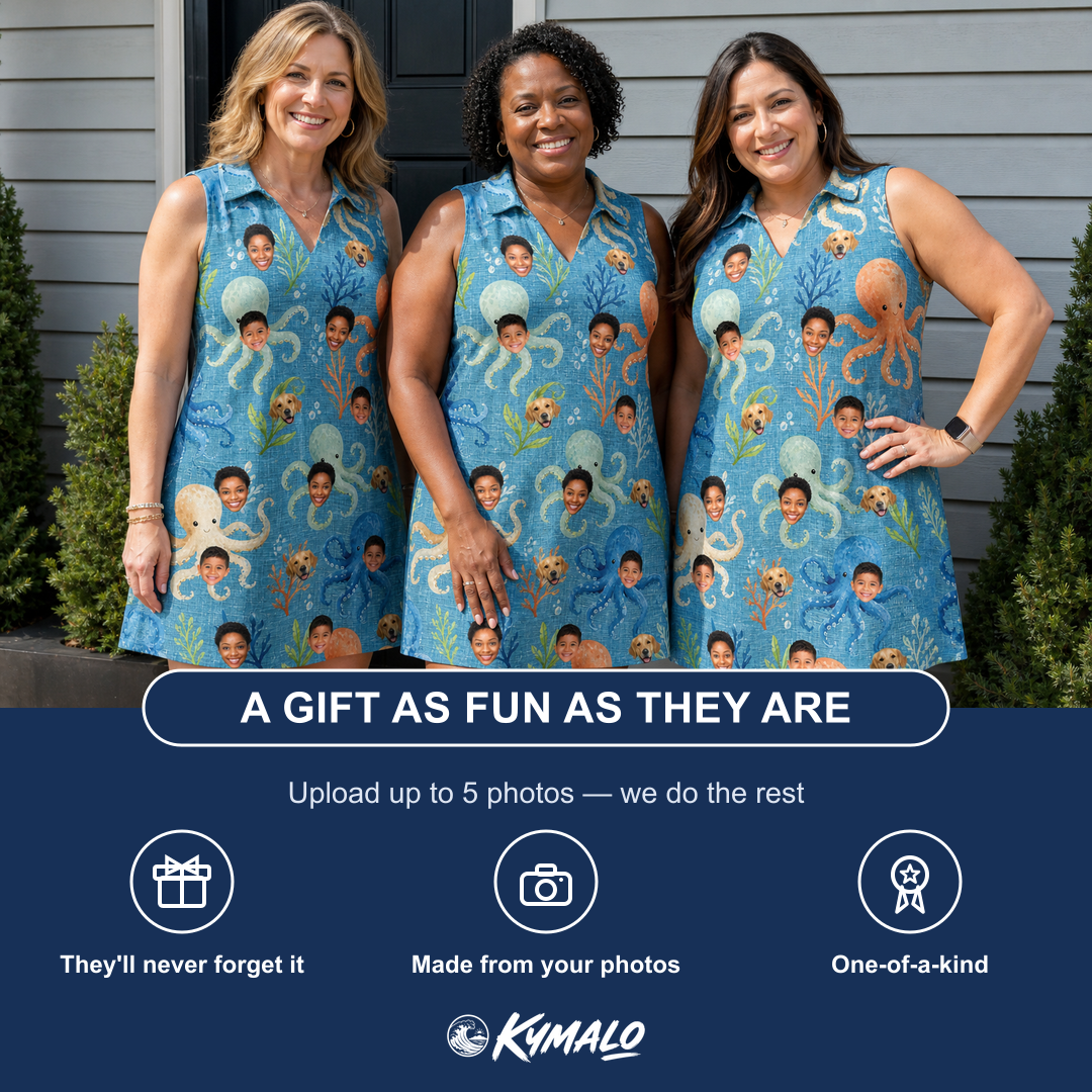 Friends in matching Women's Octopus Ocean Custom Face V-Neck Dress — a group gift photo