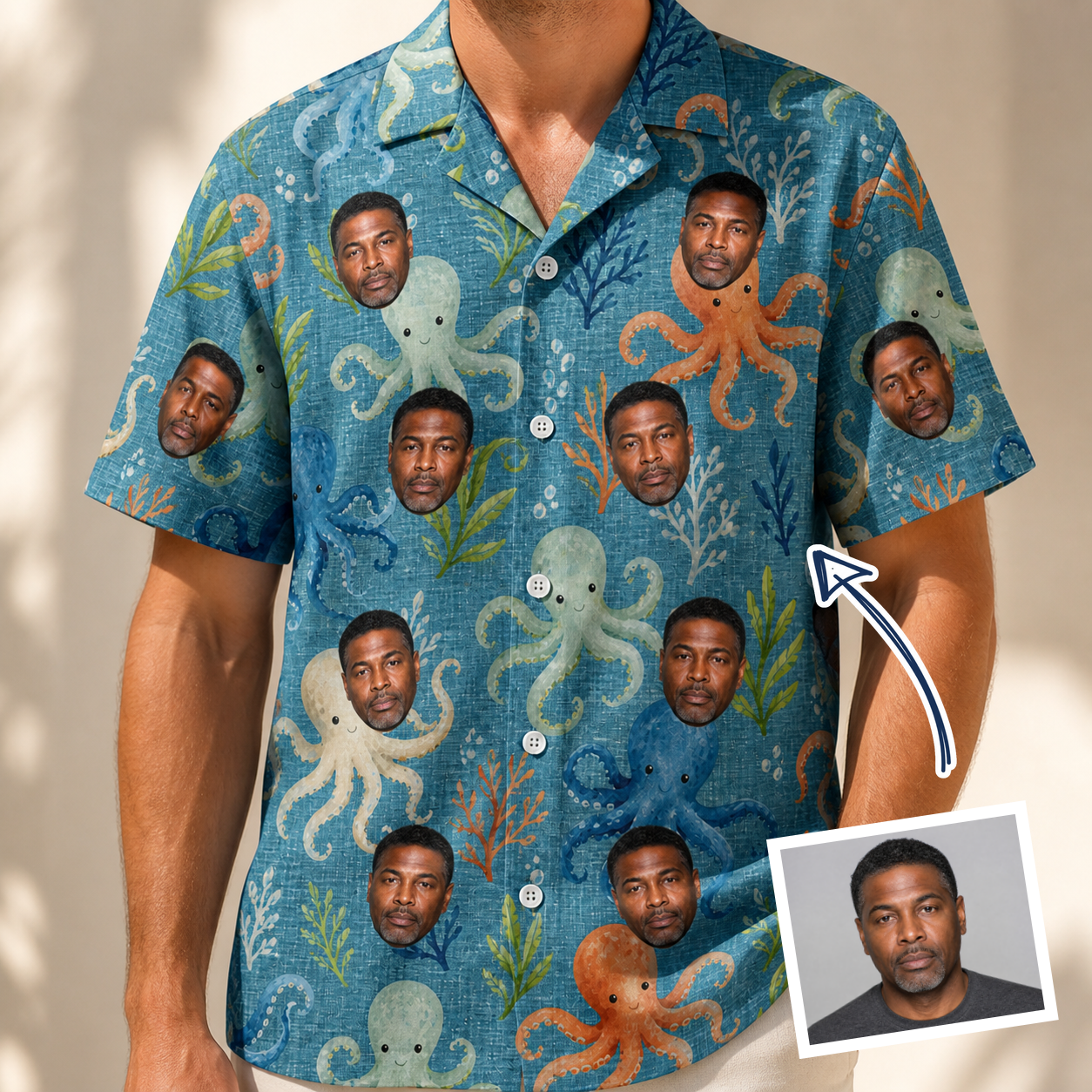 Man wearing Men's Octopus Ocean Custom Face Hawaiian Shirt — custom faces printed all-over